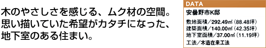 木のやさしさを感じる、ムク材の空間。思い描いていた希望がカタチになった、地下室のある住まい