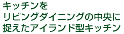 キッチンをリビングダイニングの中央に捉えたアイランド型キッチン